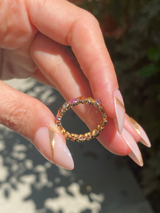 14k rainbow sapphire bezel heart eternity ring size 7.5