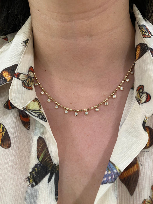 14k bead necklace with bezel set diamond charms