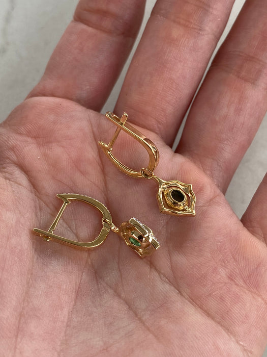 14K Gold Natural Emerald & Diamond Huggie Drop Earrings