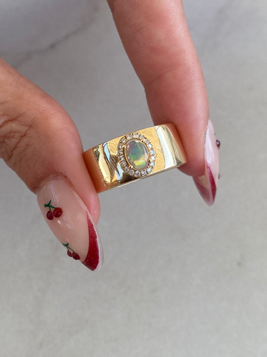 14K Gold Cigar Band Ring | Natural Opal & Diamond Halo