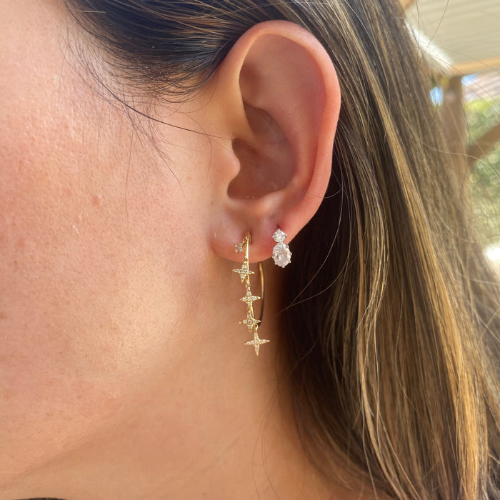 14K Gold Natural Diamond Star Charm J Hoop Earrings