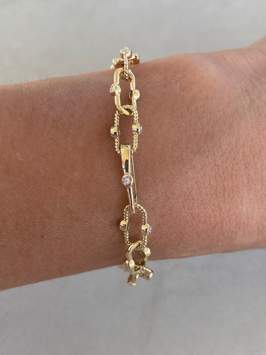 14K Solid Gold Croissant Paperclip Diamond Bracelet