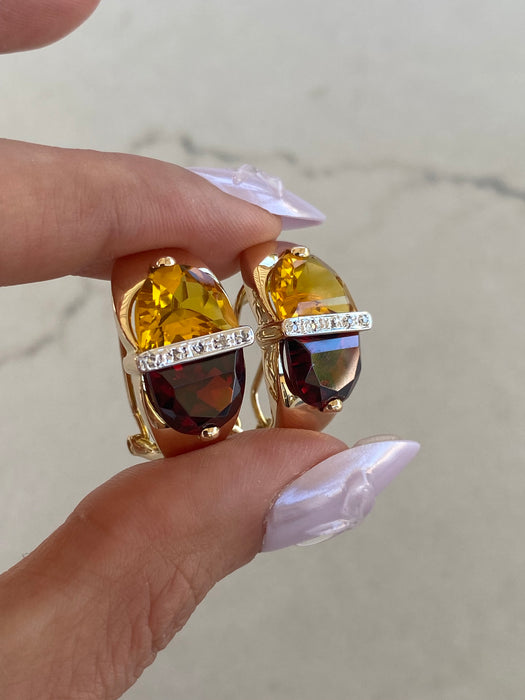 Vintage 14K Gold Garnet, Citrine & Diamond Half Moon Earrings with Omega Backs