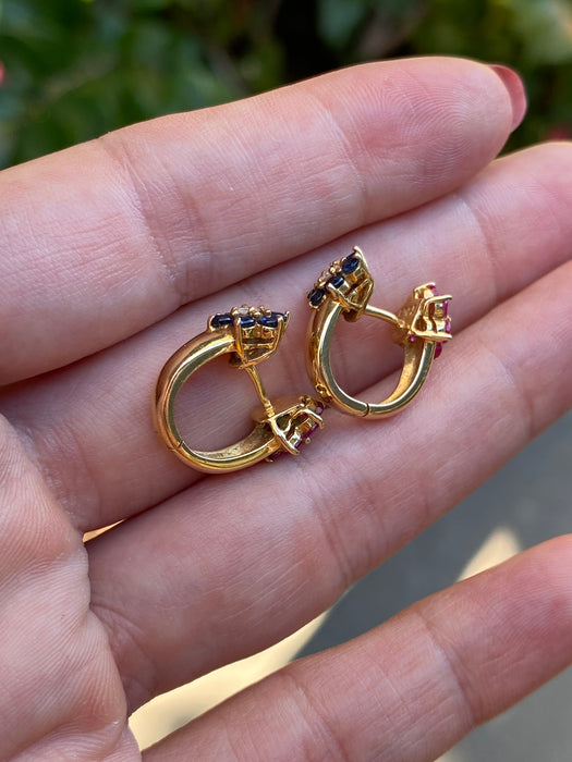 Vintage 18K Ruby Sapphire Diamond Flower Huggie Earrings
