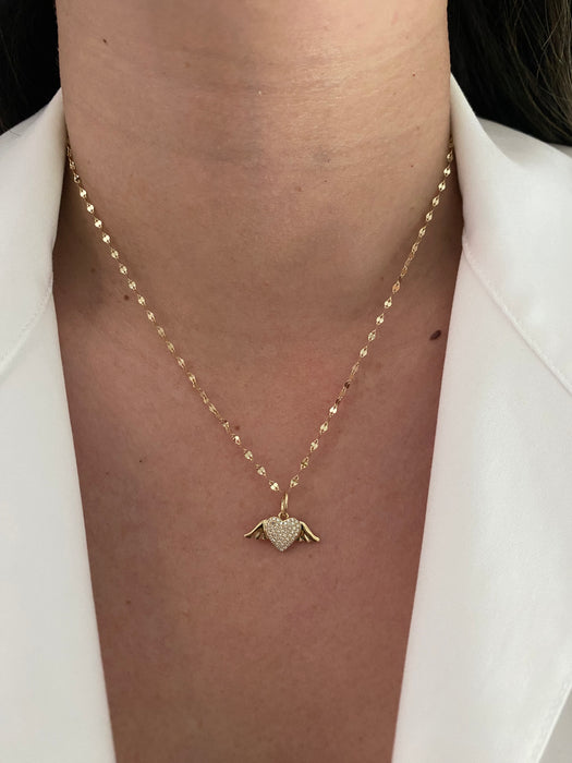 14k mirror chain with diamond angel heart charm 16-18”