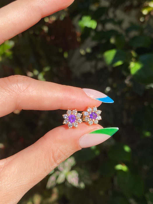 14k amethyst diamond flower stud earrings