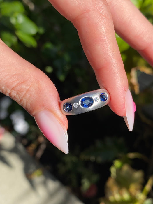 Vintage Platinum 900 Blue Sapphire & Diamond Flush Set Ring