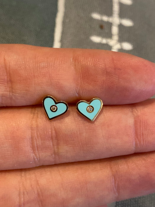 14k turquoise diamond heart enamel stud earrings
