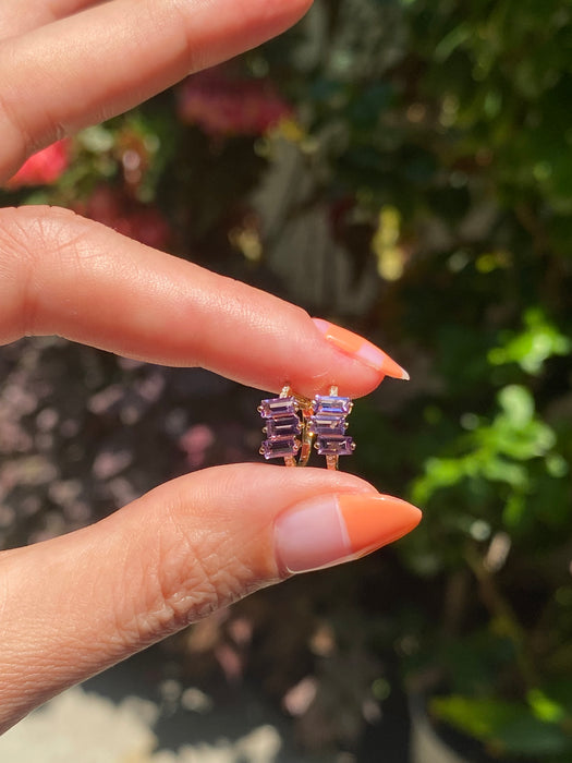 14k amethyst baguette diamond huggie earrings