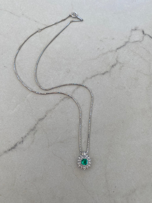 Vintage Platinum Emerald & Diamond Pendant Necklace