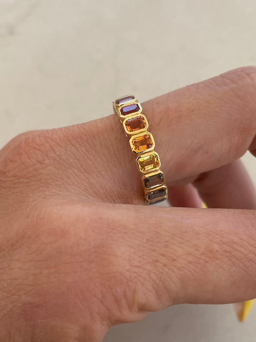 14K Gold 4.89 Carat Rainbow Sapphire Emerald Cut Eternity Ring Size 8