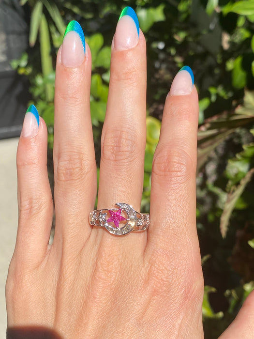 18k white gold baguette diamond kite ruby moon ring size 8.5