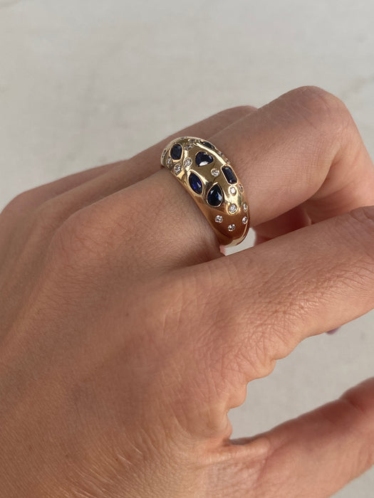 14K Blue Sapphire & Diamond Flush Set Ring
