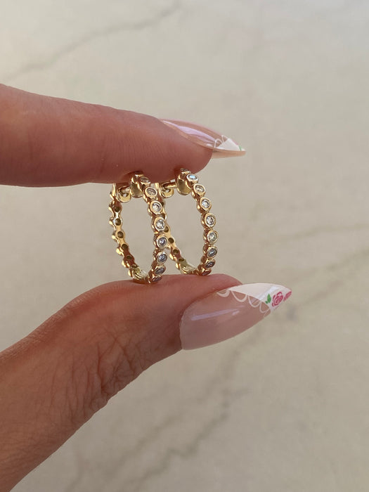 14K Gold Bezel Set Natural Diamond Huggie Hoop Earrings