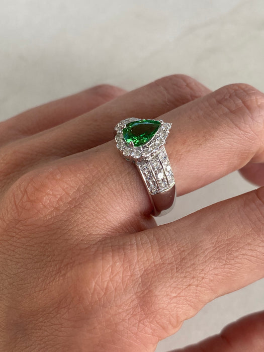 Platinum 900 Pear Tsavorite Green Garnet Diamond Ring