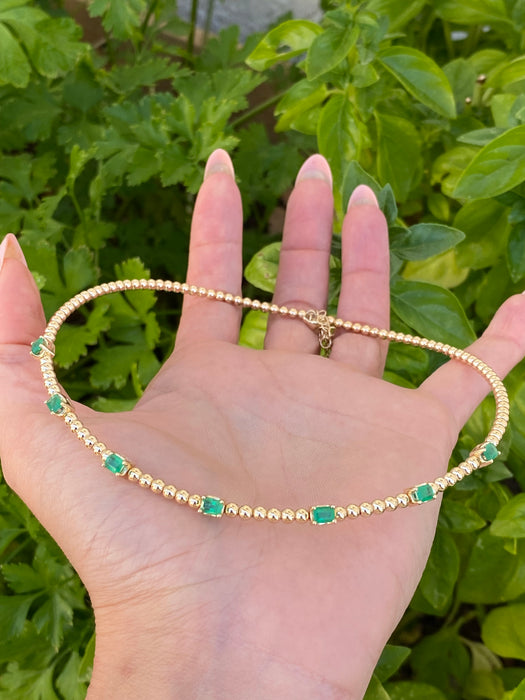 14K Gold Emerald Bead Collar Necklace – 1.40 TCW Emerald Cut Emerald Station Necklace – Adjustable 13–15”