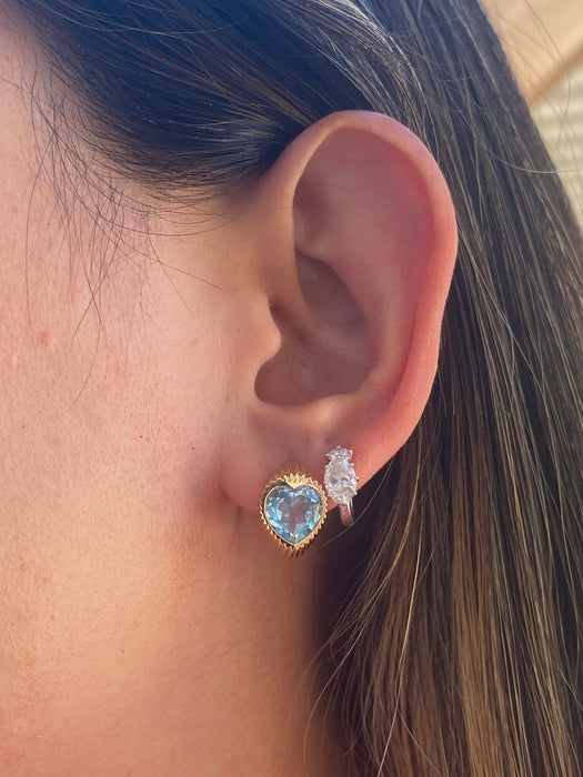 14K Gold Fluted Blue Topaz Huggie Earrings