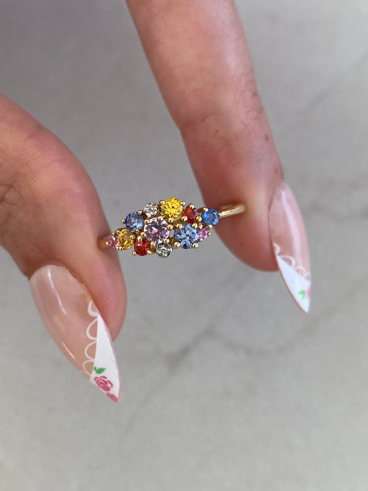 14K Gold Multicolor Sapphire & Diamond Cluster Ring