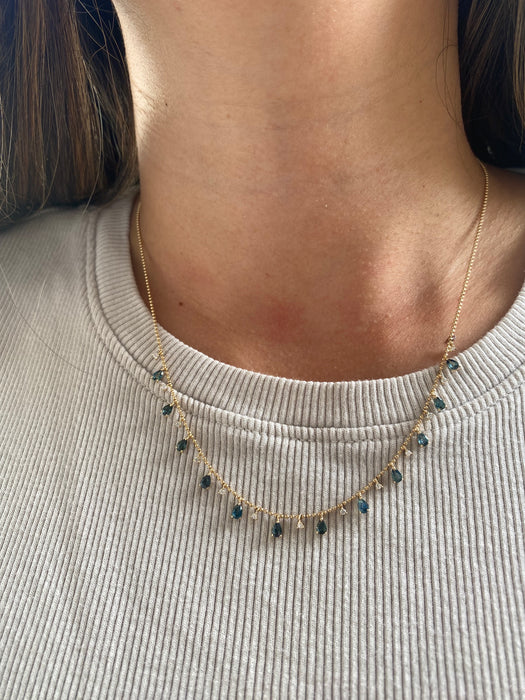 14K Blue-Green Sapphire & Diamond Charm Bead Chain Necklace