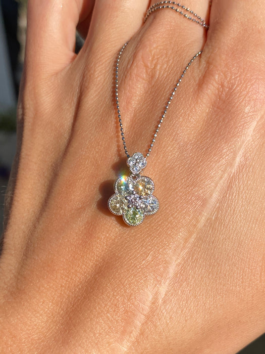 Vintage Platinum Bead Necklace with Articulated Natural Diamond Flower Charm