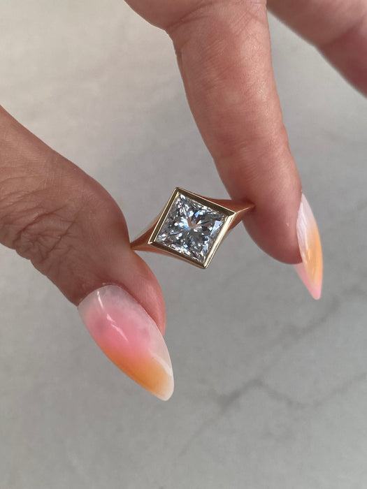 14K 3.03 Carat Bezel-Set Princess-Cut Lab Diamond Ring