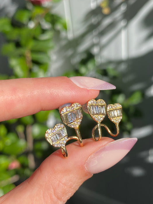 Vintage 18K Gold Diamond Double Heart Stud Earrings – 1 CTW Baguette & Round Diamonds