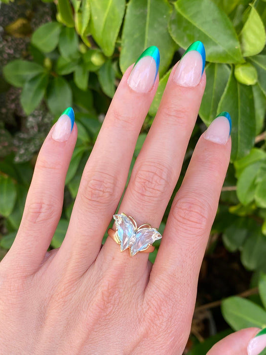 14k carved blue topaz diamond butterfly ring size 6.75