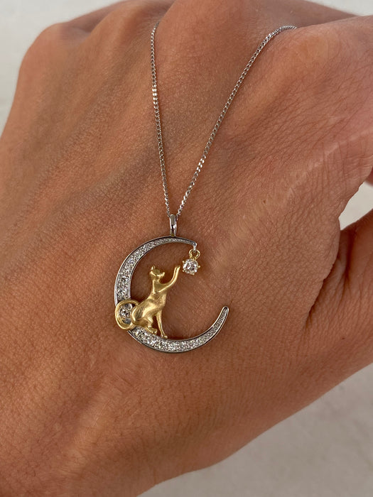 Vintage Platinum 900 & 18K Gold Diamond Crescent Moon & Cat Pendant – 0.23 CTW Natural Diamonds