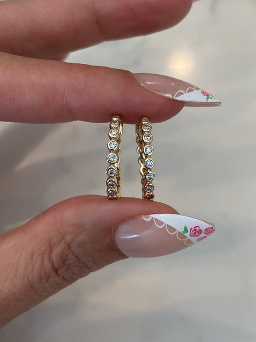 14K Gold Bezel Set Natural Diamond Huggie Hoop Earrings