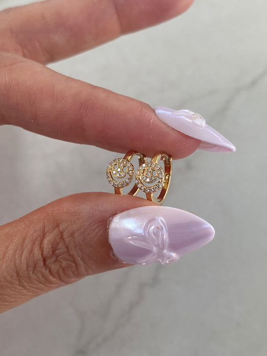 14K Natural Diamond Smiley Huggie Earrings