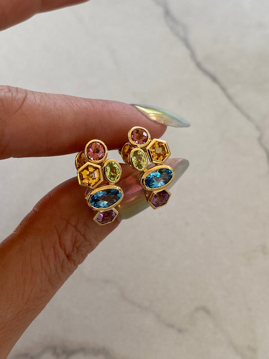 18K Yellow Gold Natural Rainbow Gemstone Bezel-Set J Hoop Earrings