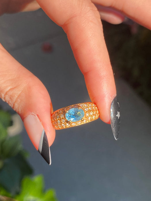 Vintage 18K Gold Aquamarine & Diamond Ring Size 6