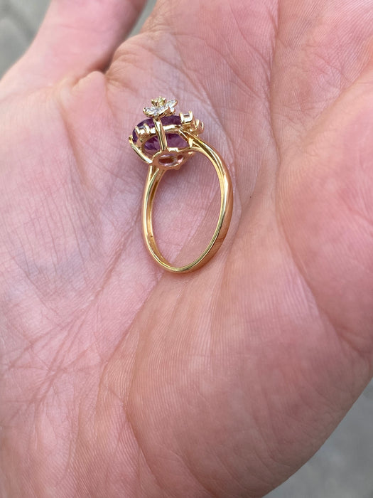 14K Gold Oval Amethyst Diamond Flower Ring