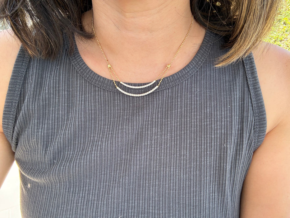 Vintage 18K Gold Bead Chain Necklace with Double Curved Diamond Bar – 1.23 TCW Diamonds, Adjustable 14–15.5”