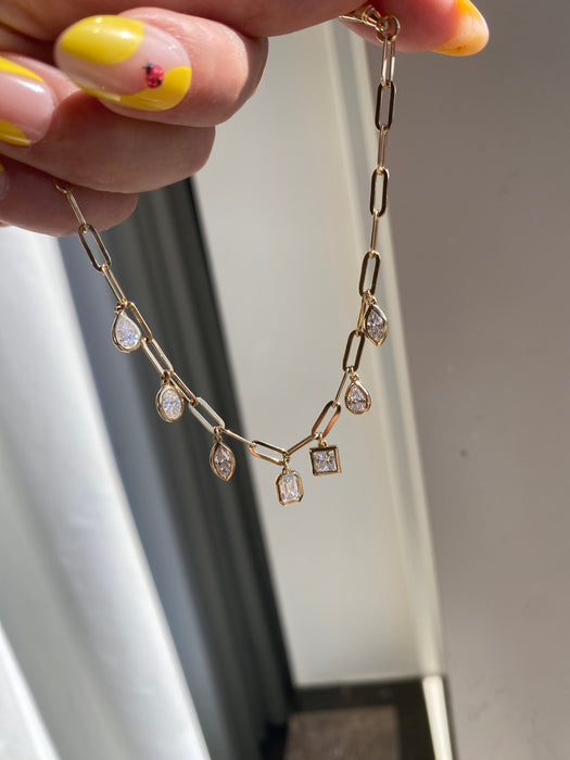 14k Gold Lab Diamond Bezel Charms Paperclip Bracelet With Dog Clip