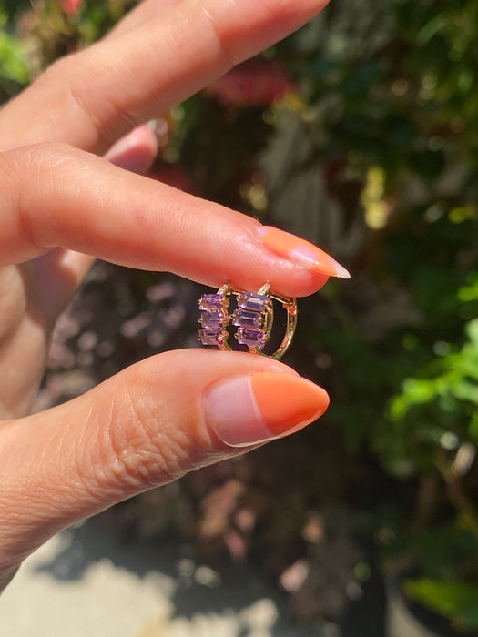 14k amethyst baguette diamond huggie earrings