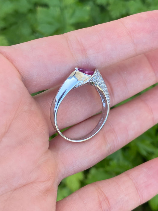 Vintage Platinum 900 Pink Sapphire Pear Ring with Diamonds – Size 10.25