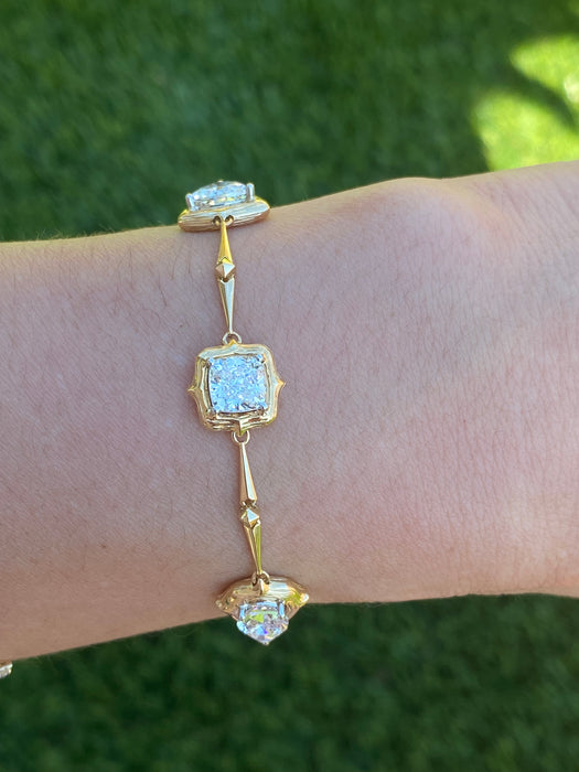 14K Gold Lab Diamond Bamboo Link Bracelet – 3.2 TCW Pear, Cushion & Trillion Diamonds – Adjustable 6–7”