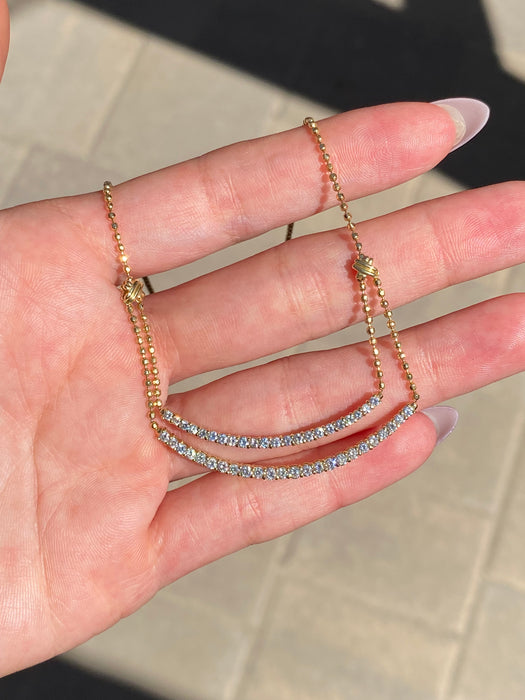 Vintage 18K Gold Bead Chain Necklace with Double Curved Diamond Bar – 1.23 TCW Diamonds, Adjustable 14–15.5”