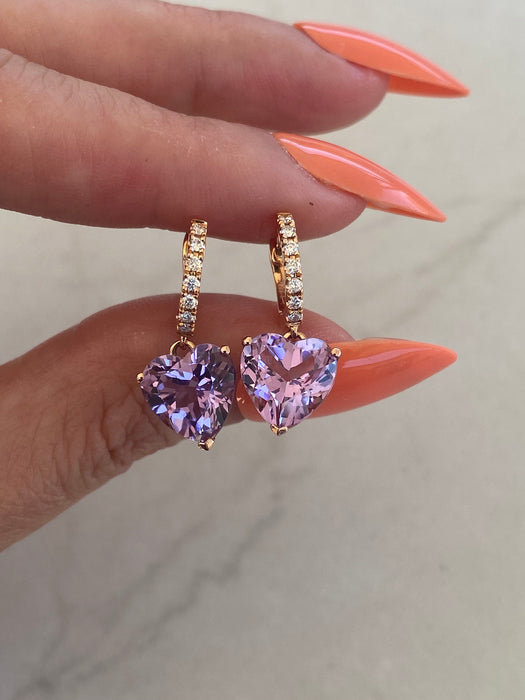 18K Rose Gold Amethyst Heart & Diamond Huggie Earrings | 5.2 CTW Amethyst