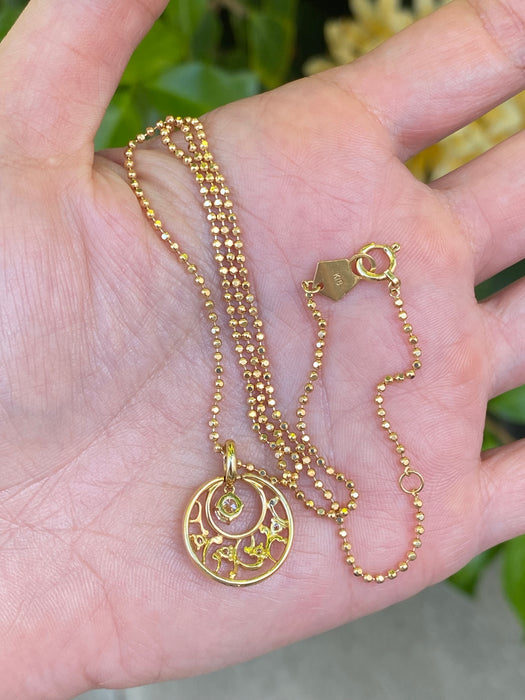 Vintage 18K Gold Bead Diamond Moon Pendant Necklace
