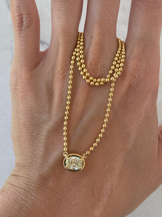 14K Gold East-West Oval Natural Yellow Diamond Bead Chain Necklace