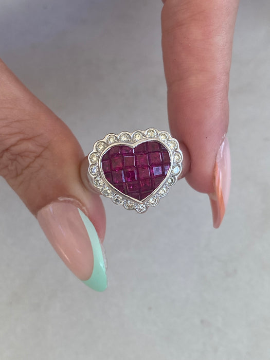 Vintage 18K White Gold Ruby Heart & Diamond Ring