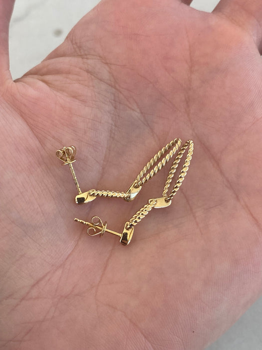 14K Gold Diamond Croissant Paperclip Drop Earrings