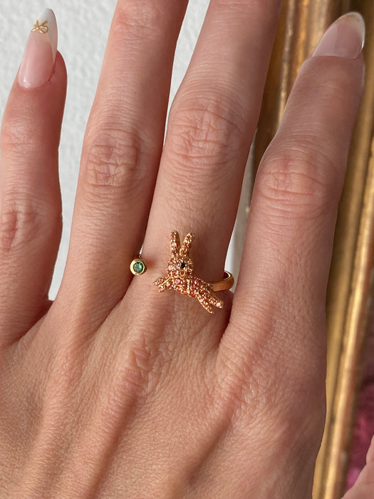 Vintage 18K Gold Orange Sapphire Rabbit Ring with Black Diamond Eye & Emerald Accent