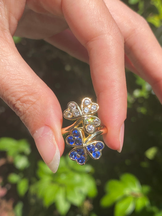 18k diamond blue sapphire clover bypass ring size 5