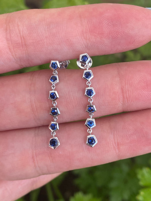 14K White Gold Blue Sapphire Hexagon Dangle Earrings