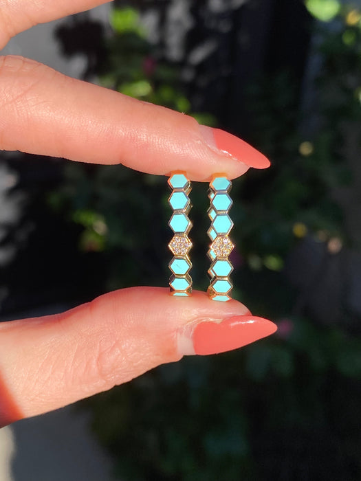 14k blue enamel diamond hexagon huggie hoop earrings