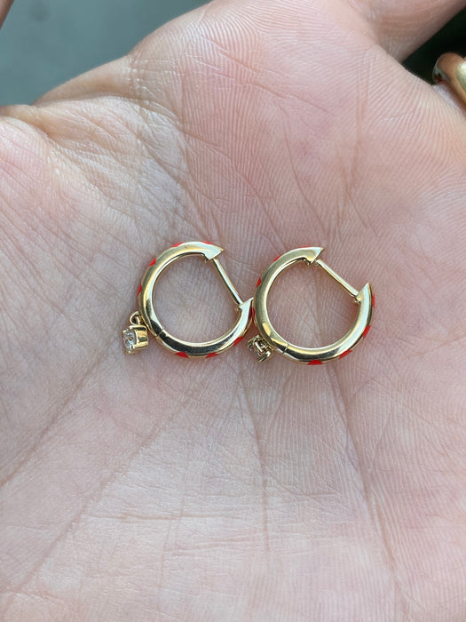 14k red enamel diamond huggies earrings