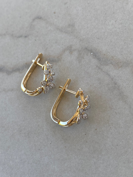14K Natural Diamond Flower Huggie Earrings
